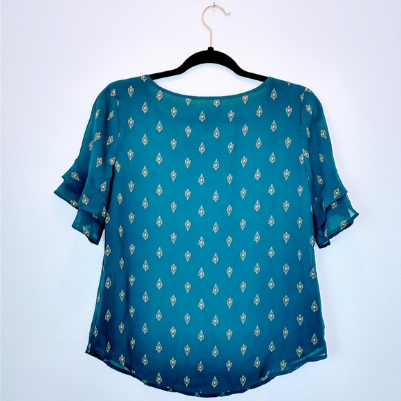 Ann Taylor Teal Damask Flutter Sleeve Work Blouse - Picture 6 of 7